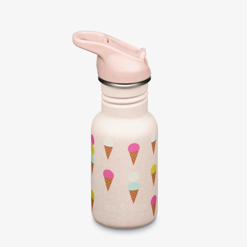 Pink water bottle with ice cream cone pattern on a white background