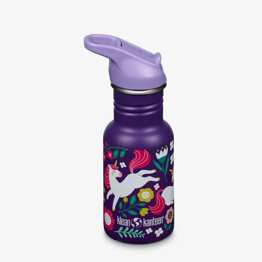 Purple water bottle with unicorn design and purple lid on a white background