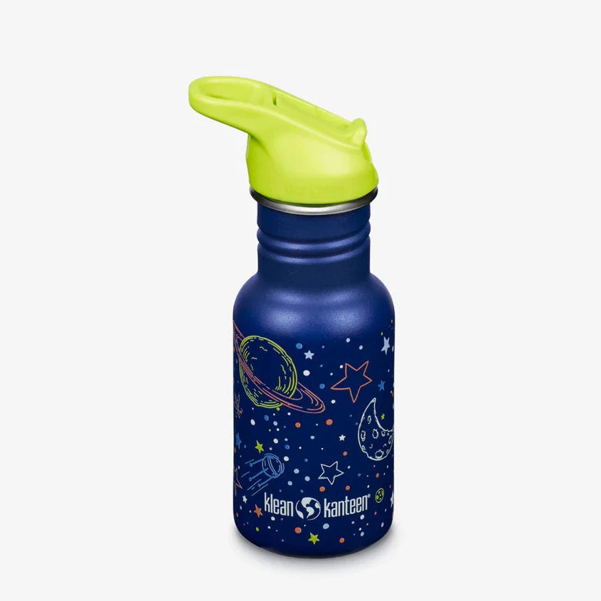 Blue water bottle with green lid on a white background