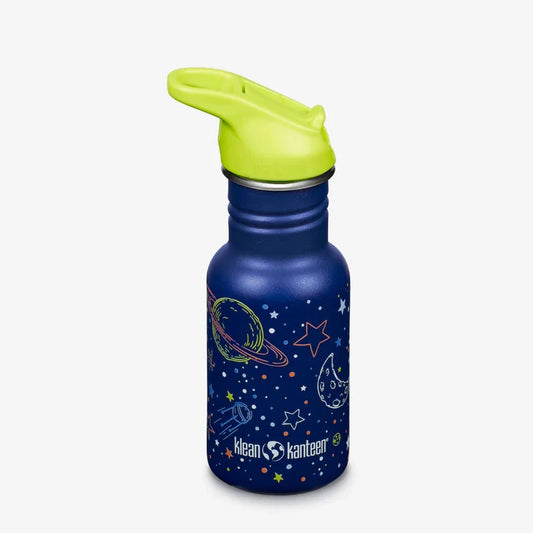 Blue water bottle with green lid on a white background