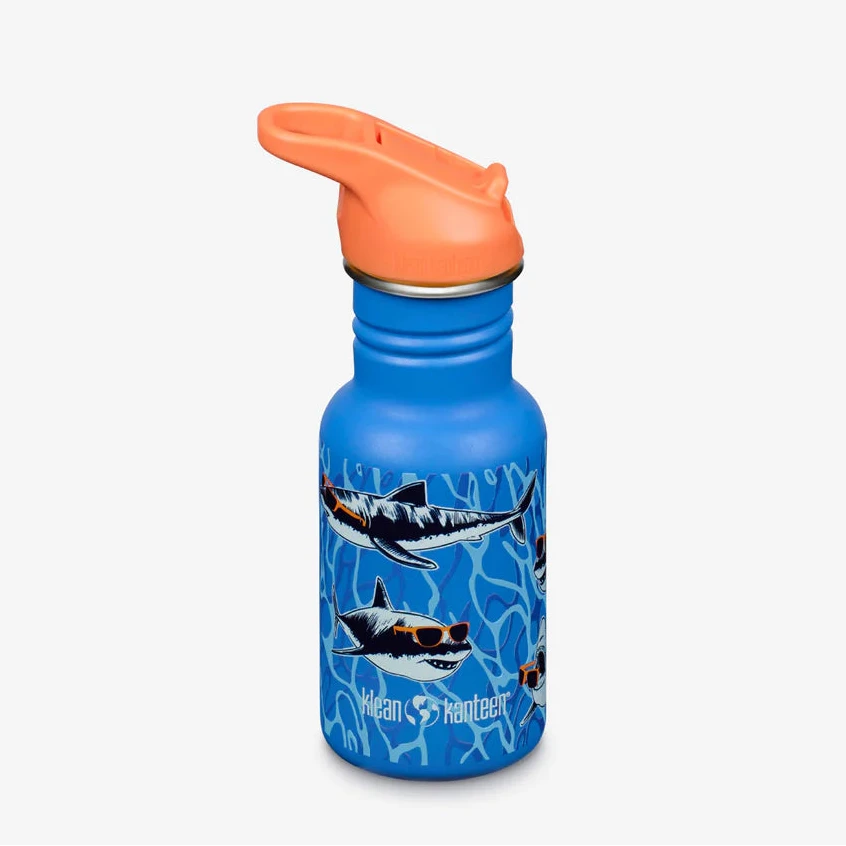 Blue water bottle with shark design and orange lid on a white background